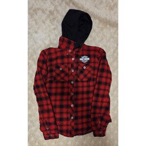 Harley Davidson Shacket Men's S Red Plaid Hooded Quilted Flannel Shirt Jacket